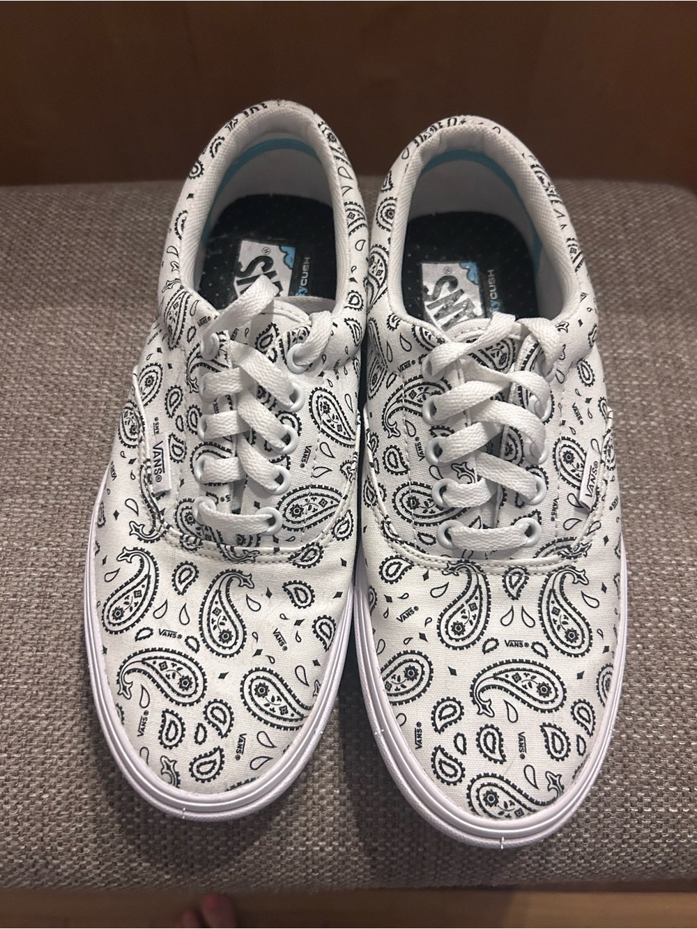 Vans White Canvas Sneakers with Black Paisley Print